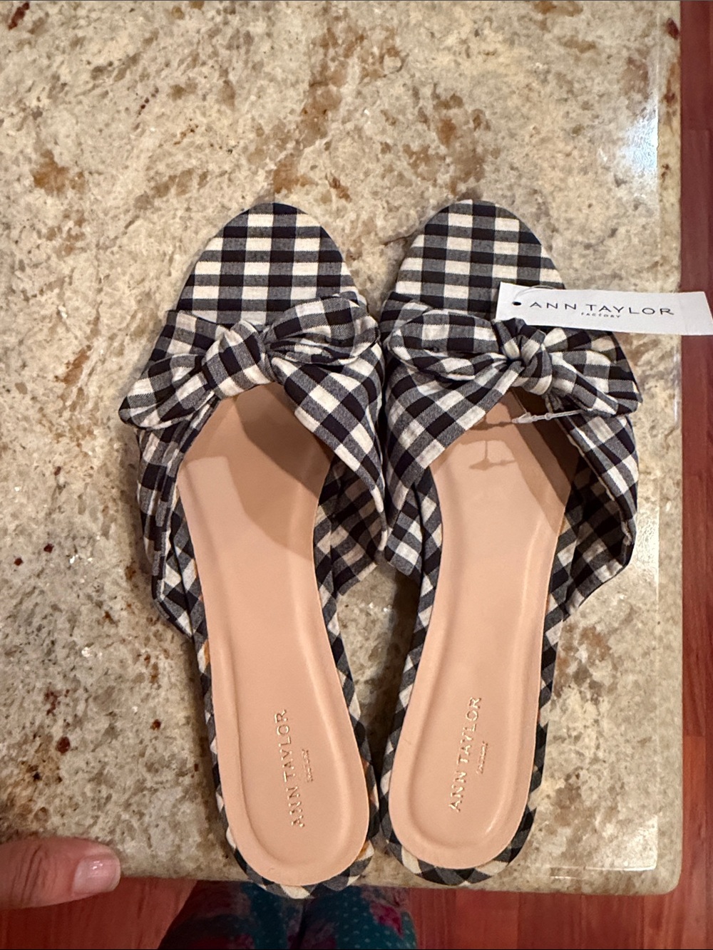 Ann Taylor Black & White Gingham Knot Slide Mules
